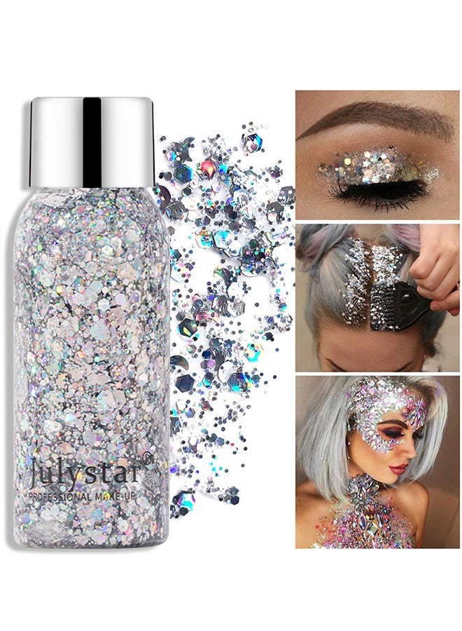 Julystar Glitter Body Gel Face Body Glitter Gel Mermaid Sequins Holographic Body Glitter Gel Long-Lasting Festival Makeup Glitter Paint for Face Body Hair Nails (30g, 01 Silver) - Image 1